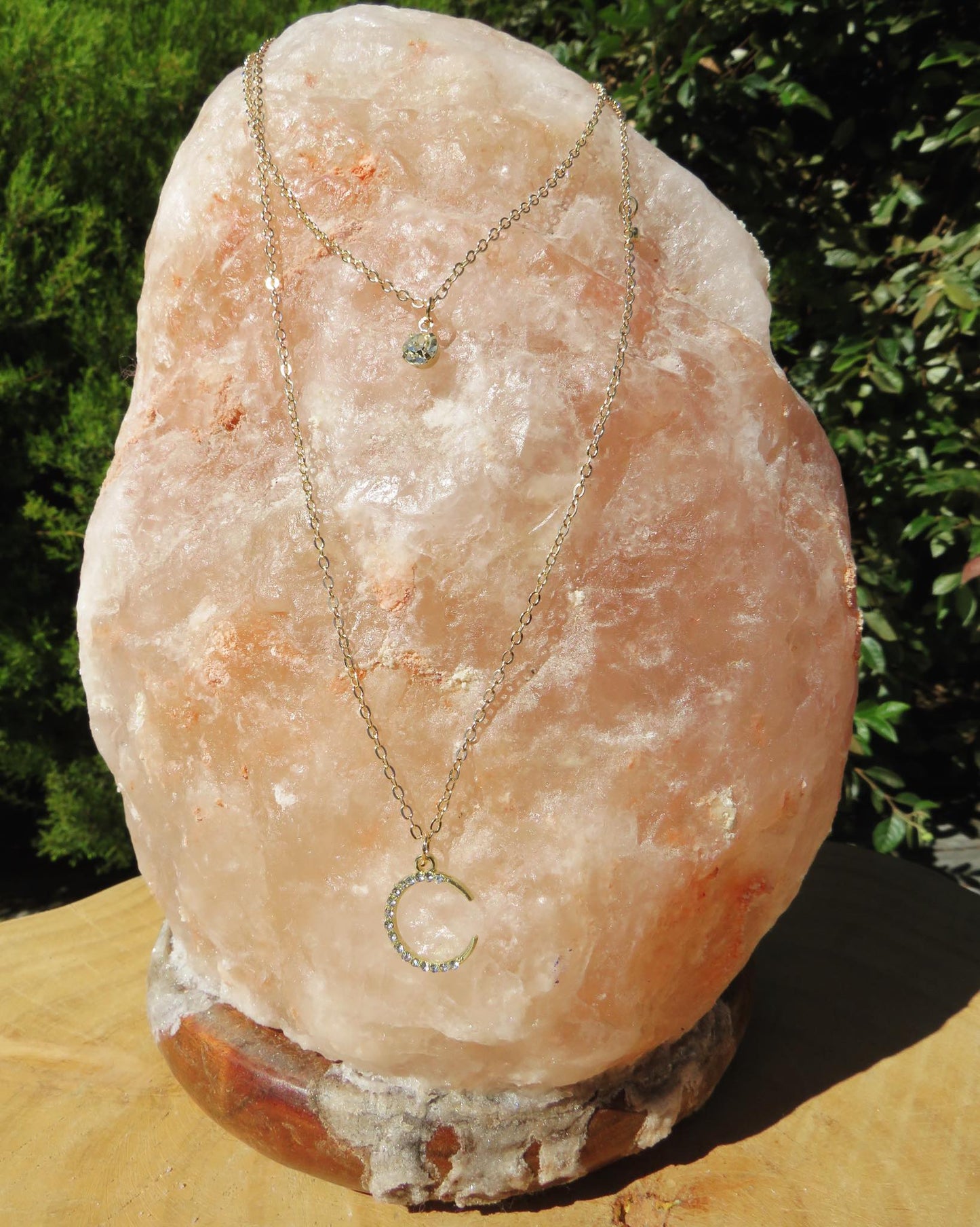 Double Layer Moon & Crystal Pendant Necklace