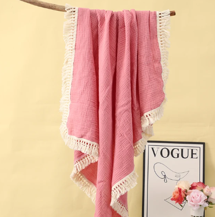 Muslin Tassle Blanket NEW - Dark Pink
