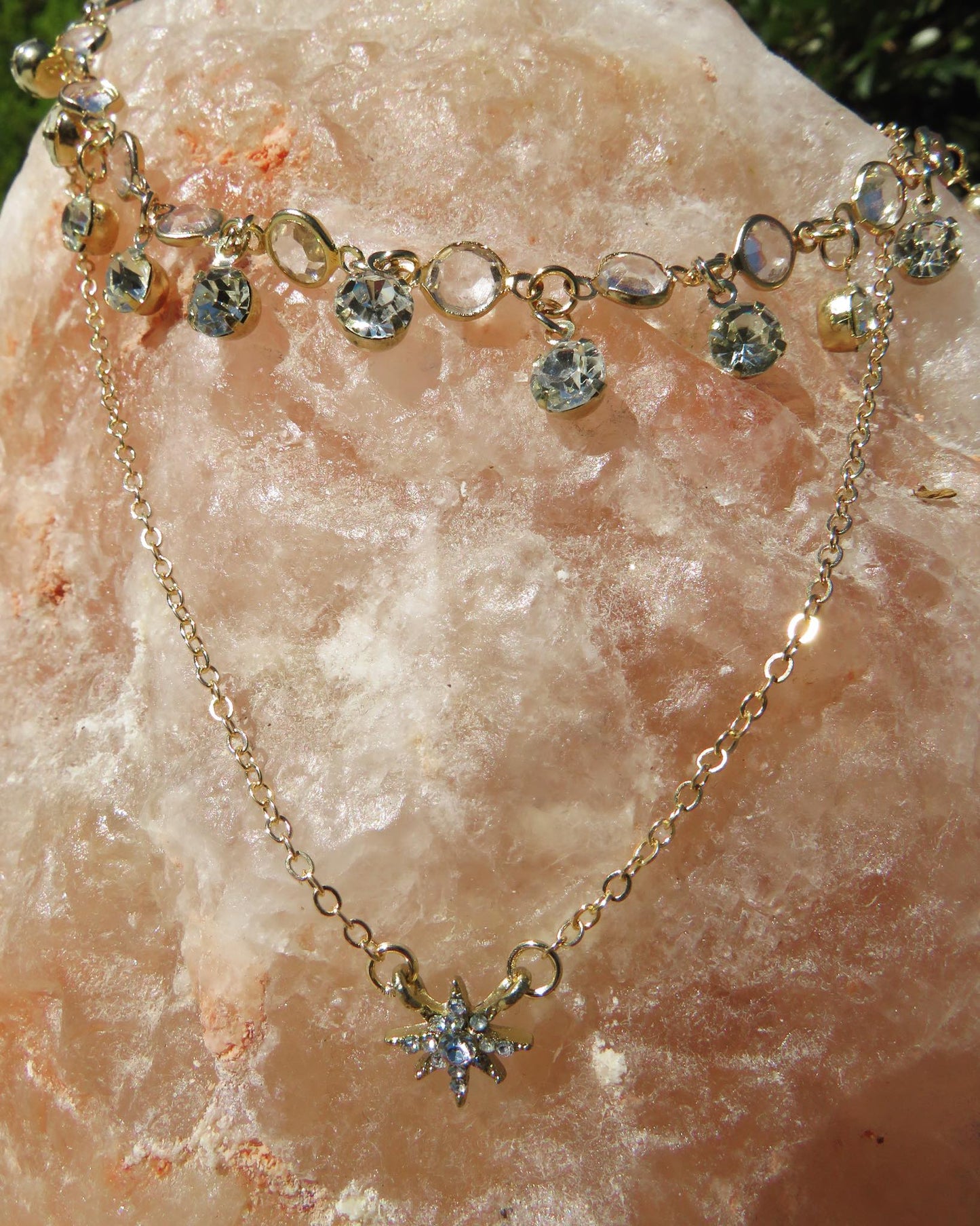 Double Layer Sun & Crystal Droplet Necklace