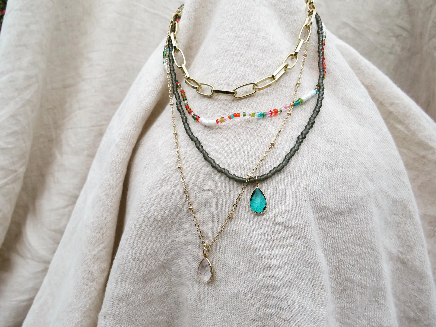 Multilayer Chain, Bead & Pendant Necklace